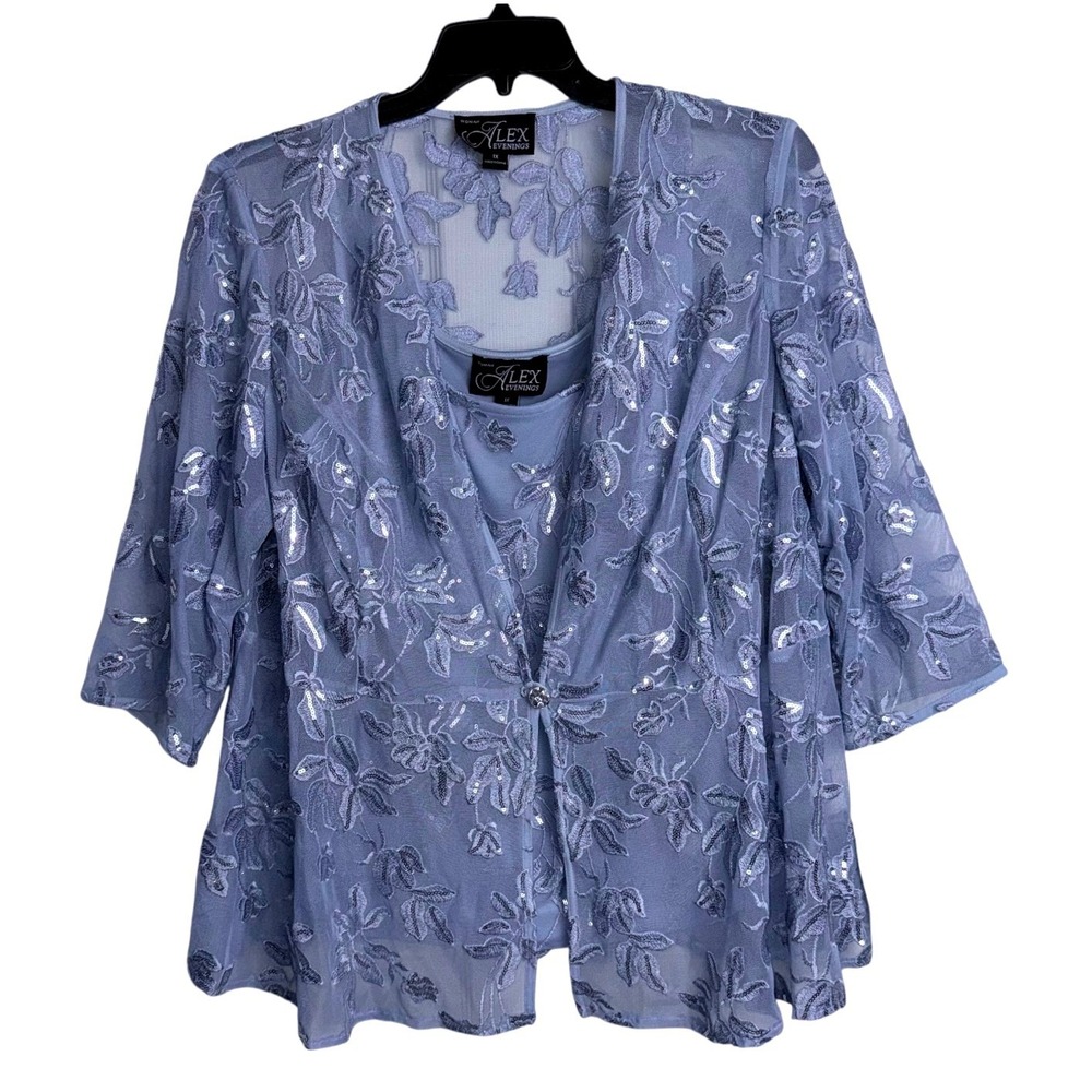 Alex Evenings Womens Plus Size 1X 2 Piece Set Blue & Silver Sequins NWT